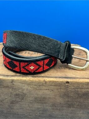 Another Line Beaded Hair-On-Hide Leather Belt – Red & Black Geometric, Medium